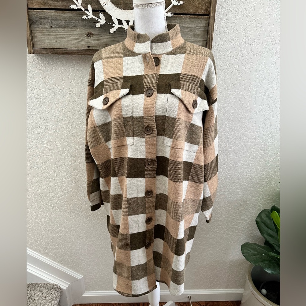 Anthropologie Field‎ Flower 100% wool plaid shacket sweater coat size 1X FLAW